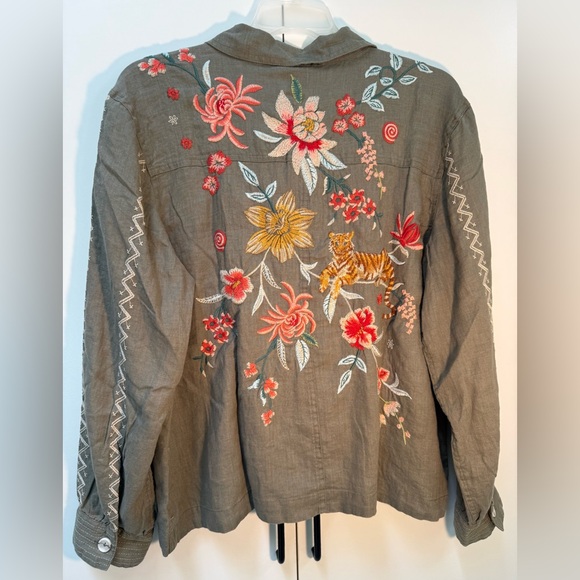 NWT Johnny Was Andrean Relaxed Linen Jacket Sage Green Floral Embroidered Tiger